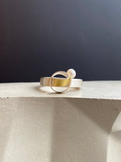 Silver And Gold Swirl Ring With Pearl