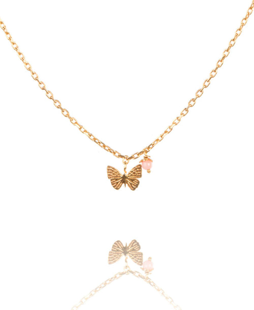 Gold Plated Tiny Butterfly Necklace With Pink Flower