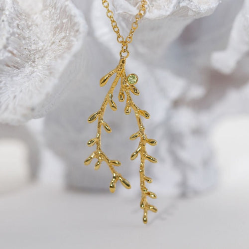 Coral Drop Statement Gold Pendant With Peridot Stone