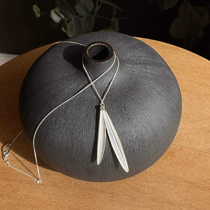 Silver Barley Double Leaf With Diamond Necklace