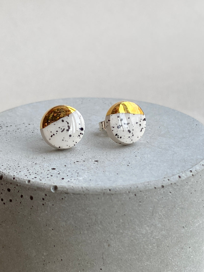 Gold And Spotty White Circle Ceramic Studs