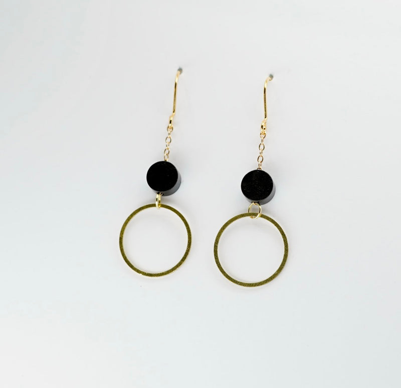 Black + Brass Long Dot And Circle Earrings