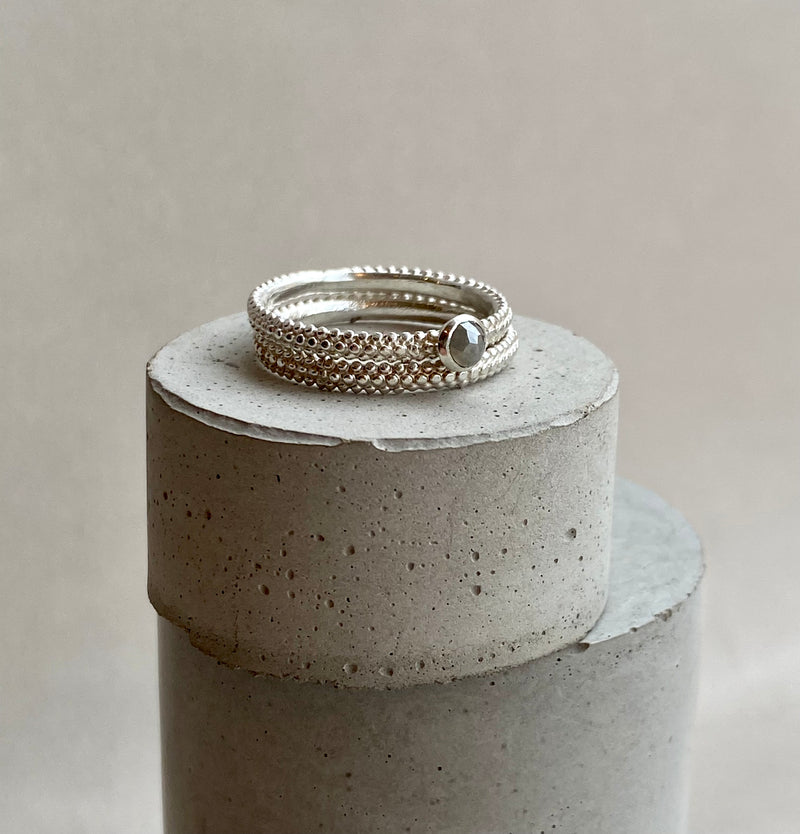 Dotty Textured Thick Silver Grey Old-Cut Diamond Ring