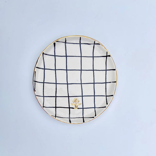 Side Plate With Checkered Black Pattern And Gold Flower Motif Stamp