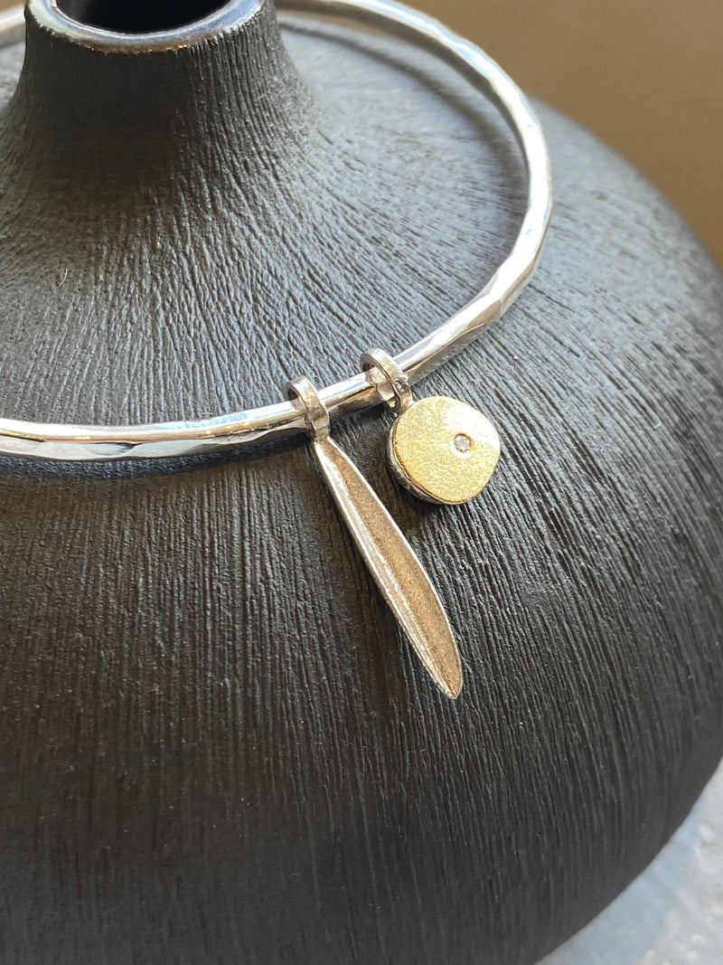 Silver Bangle With Gold Pebble And Diamond