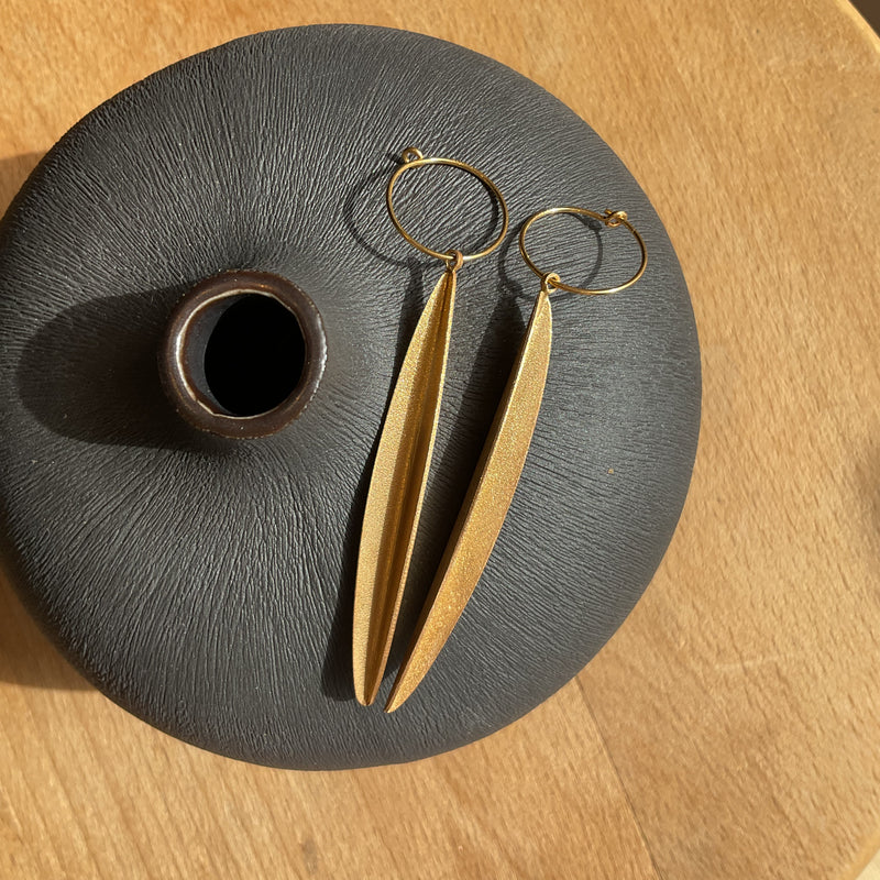 Gold Barley Large Leaf Hoop Earrings