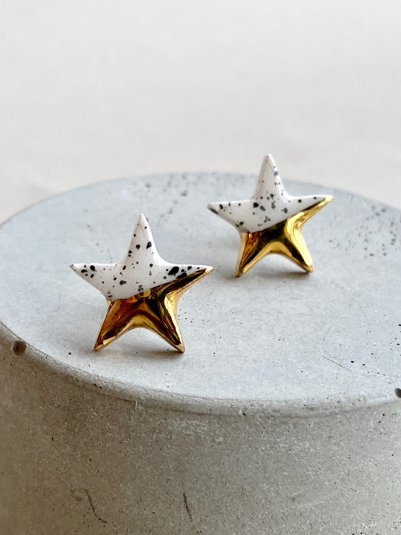 Gold And Spotty White Star Ceramic Studs