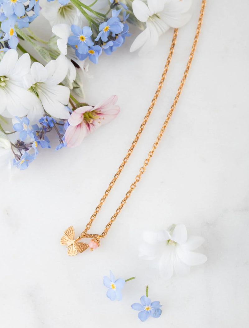 Gold Plated Tiny Butterfly Necklace With Pink Flower
