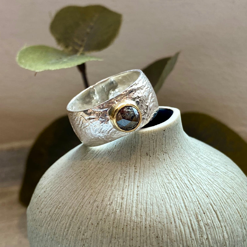 Silver Orb Ring With 18ct Salt And Pepper Diamond