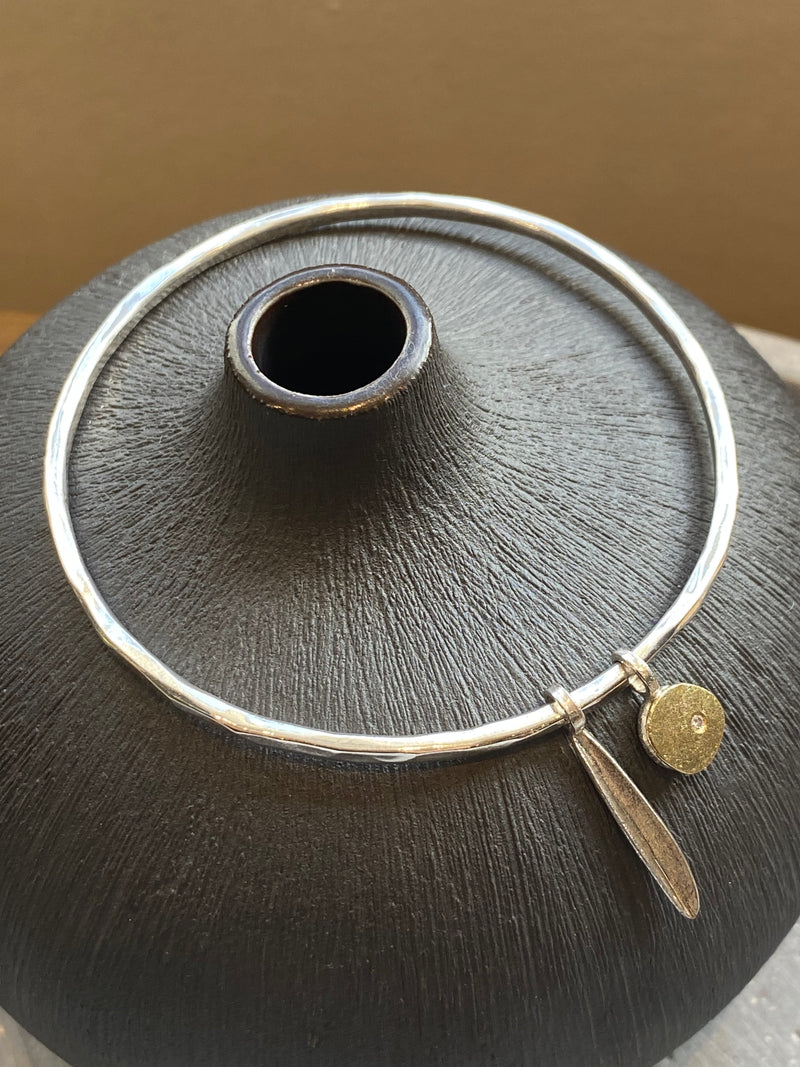 Silver Bangle With Gold Pebble And Diamond