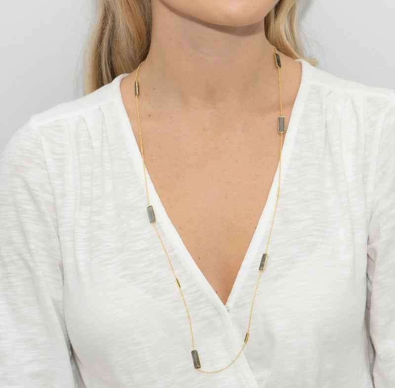 MADISON AVENUE LABRADORITE BAGUETTE AND CHAIN LONG NECKLACE