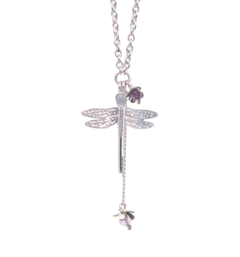 Silver Dragonfly And Little Flower Necklace