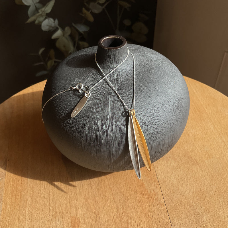 Double Barley Leaf Pendant in Gold and Oxidised Silver