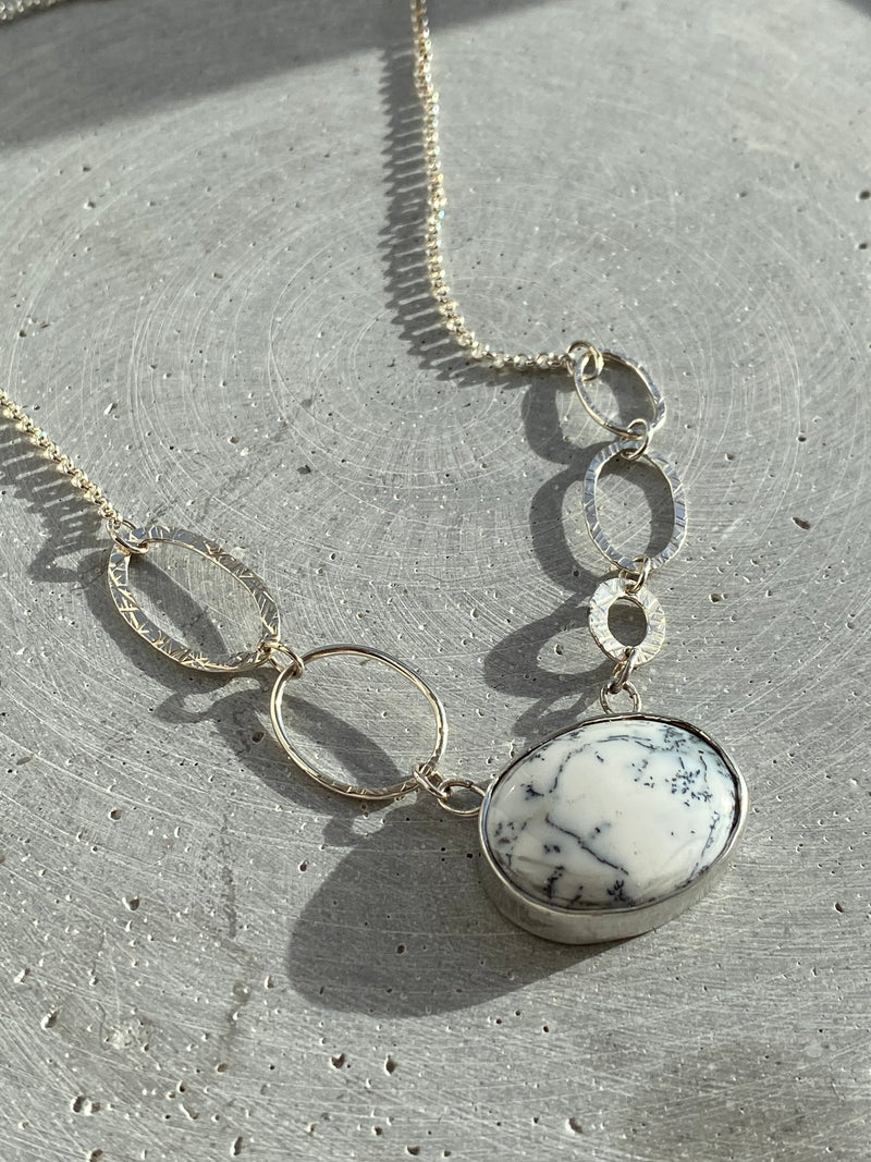 Oval White Howlite Stone Silver Necklace