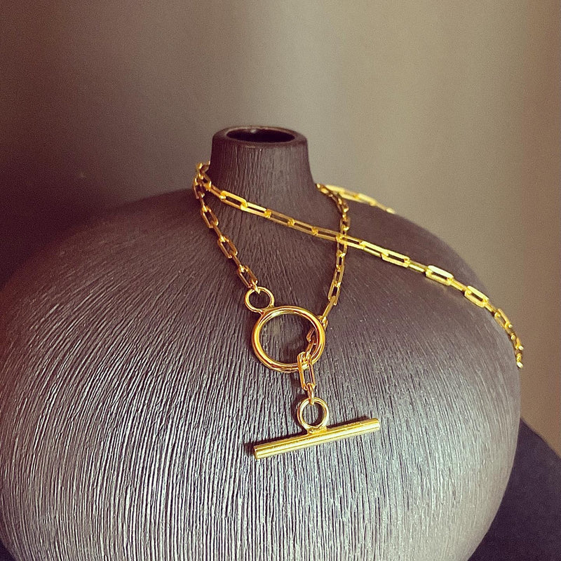 Gold T-Bar Choker Necklace On Paperclip Chain