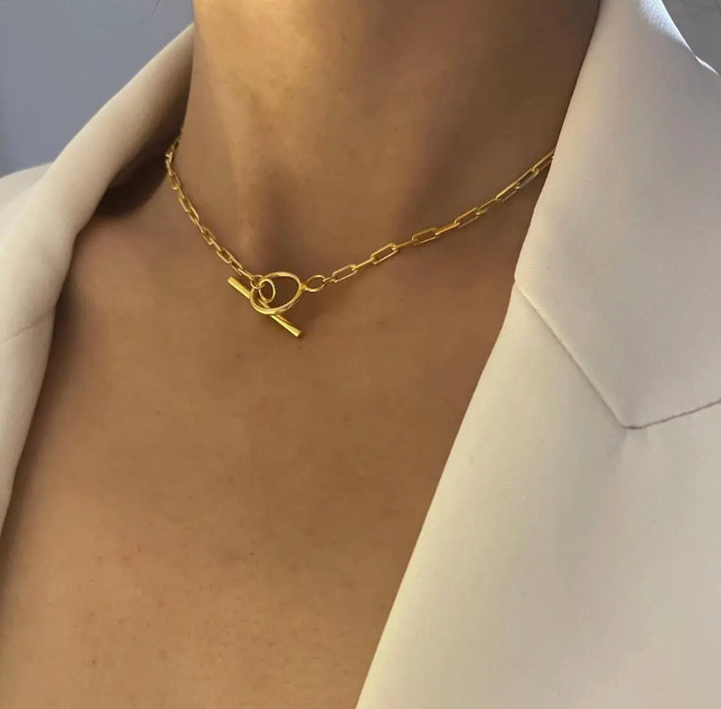 Gold T-Bar Choker Necklace On Paperclip Chain