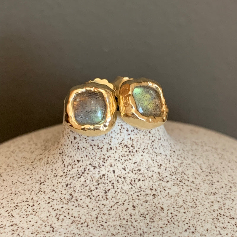 Square labradorite gold plated studs