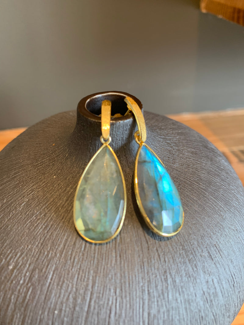 Labradorite Long Drop Gold  Earrings