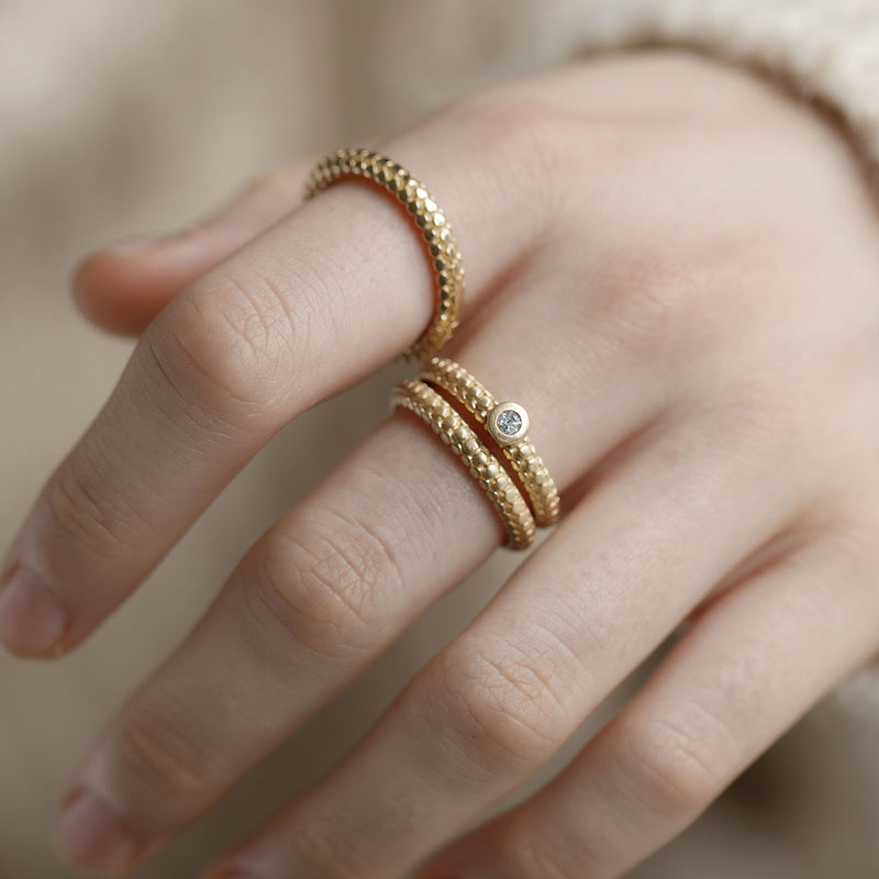 Dotty Textured Thick Solid Gold Diamond Ring