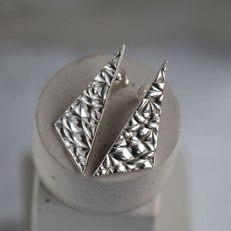 Softy Textured Silver Large Statement Angular Stud Earrings